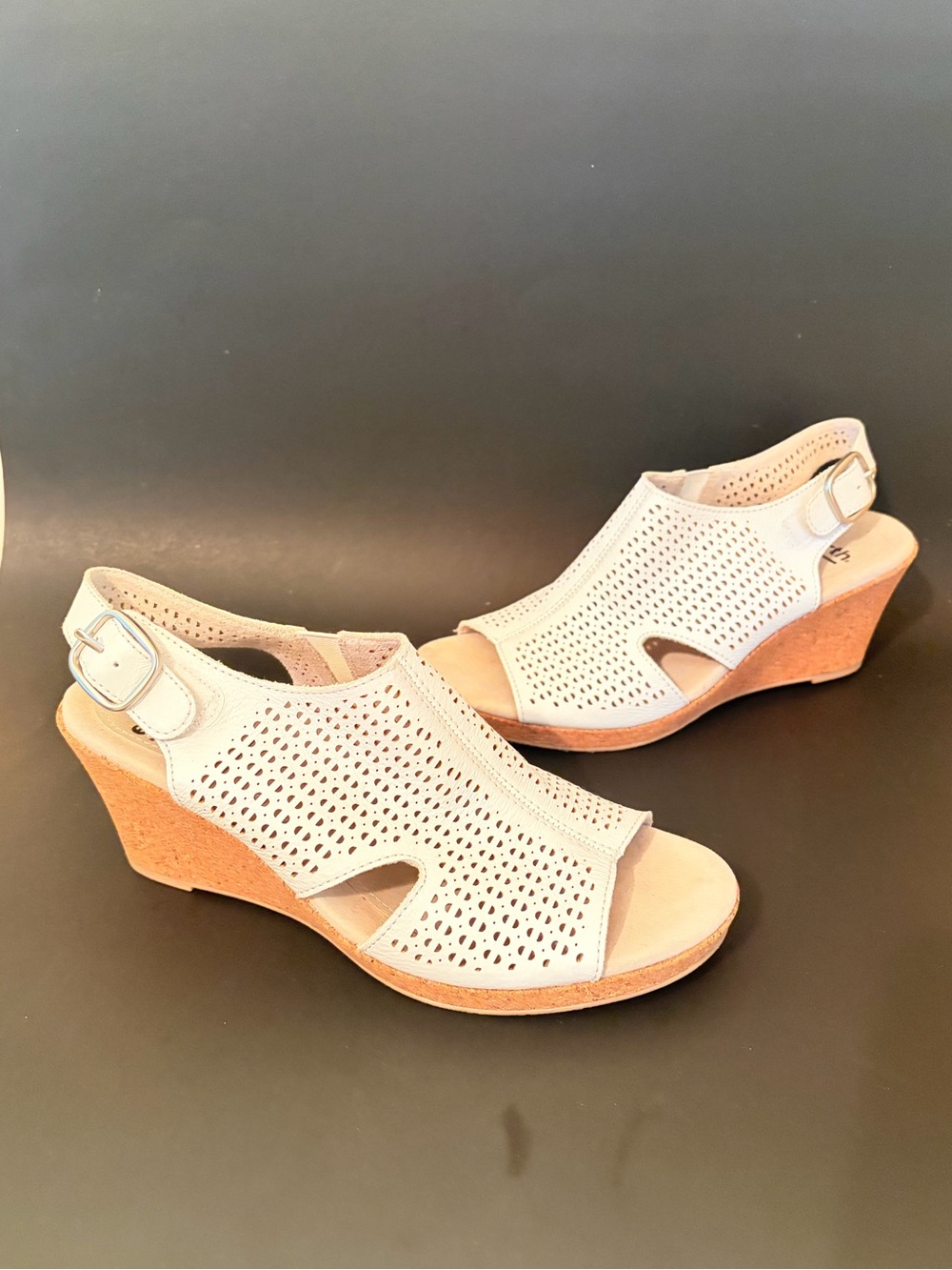 Earth Woodland Radiant White Perforated Leather Cork Wedge Heel Sandals